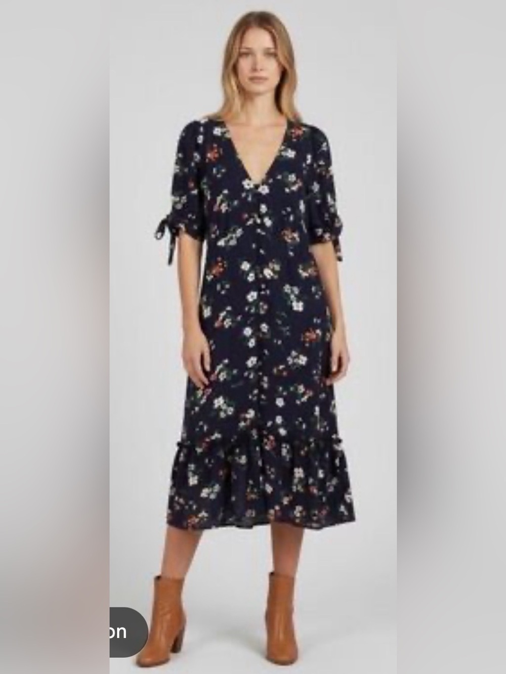 Anthropologie Navy Floral V-Neck Midi Dress